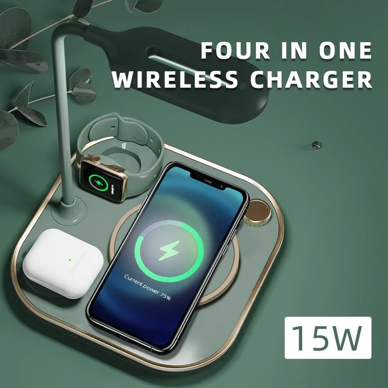 Sleek desk lamp with integrated wireless charging base and ring light
