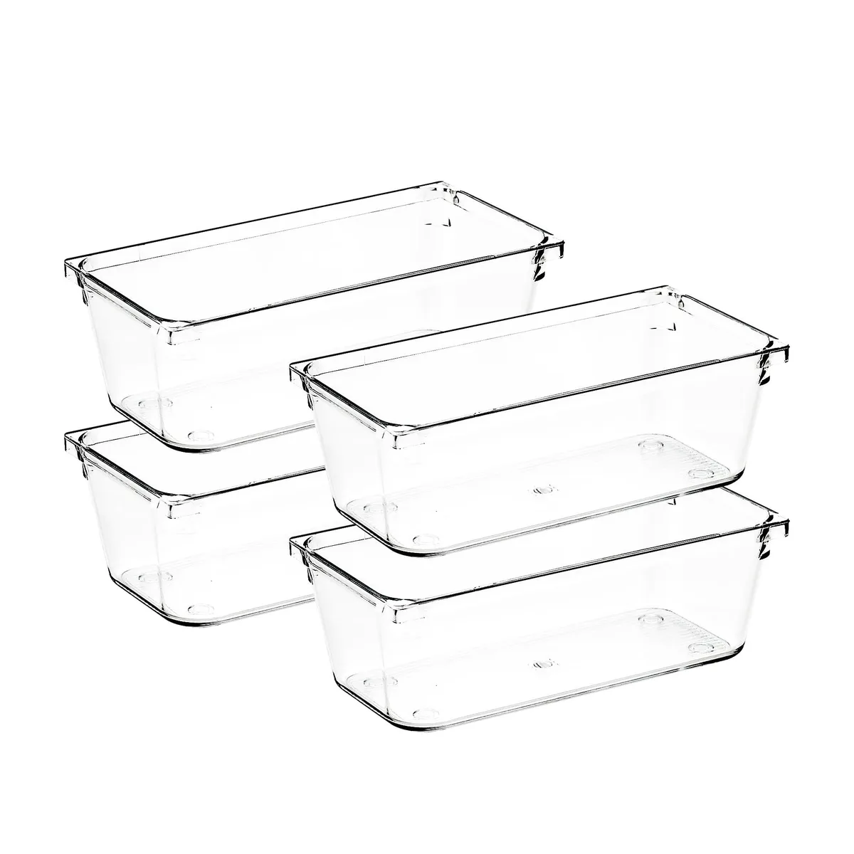 Four clear acrylic drawer bins in a stack, each 3 by 6 inches with non-slip pads