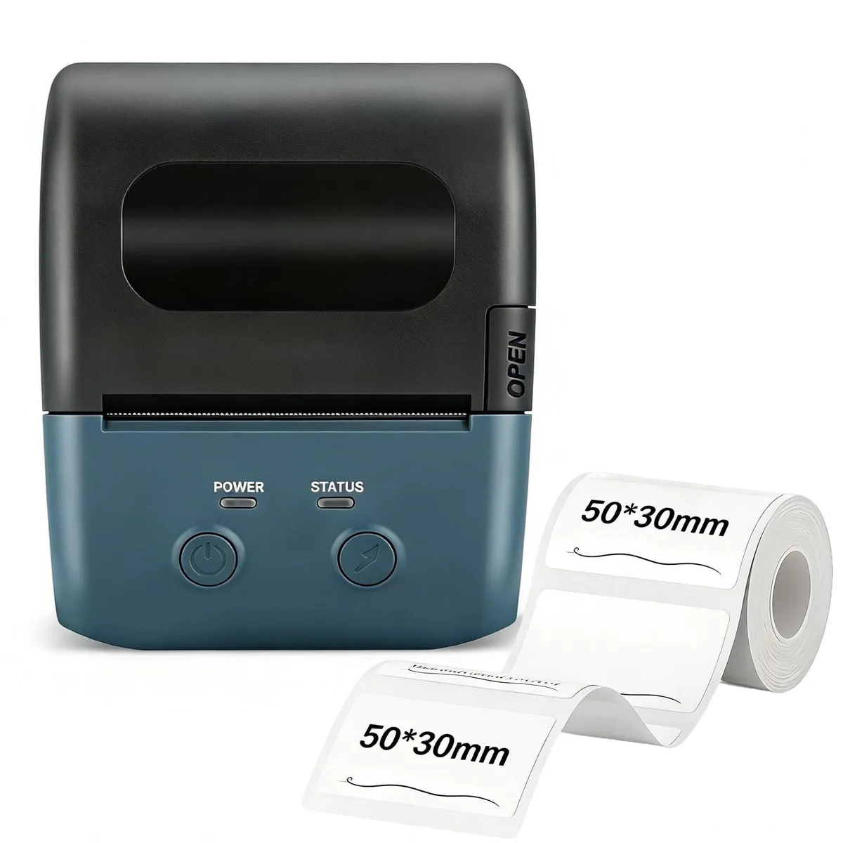 Compact dark-blue thermal label printer with rounded edges and a small roll slot