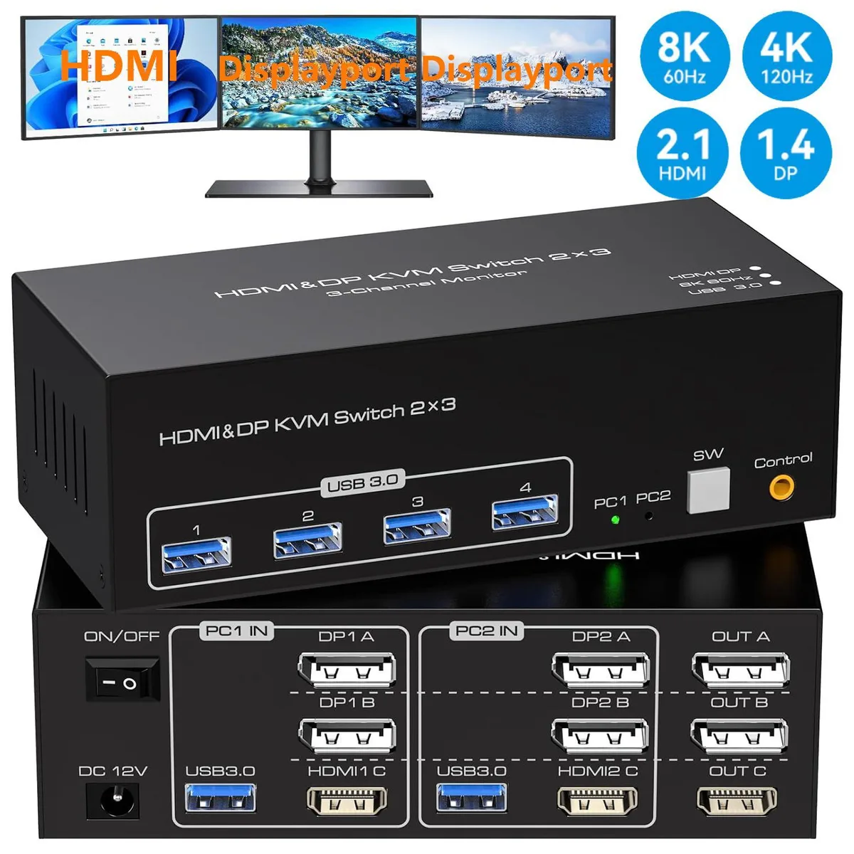 Compact black box with front push buttons and LEDs, rear HDMI, dual DisplayPort and four USB 3.0 ports, wired remote on side