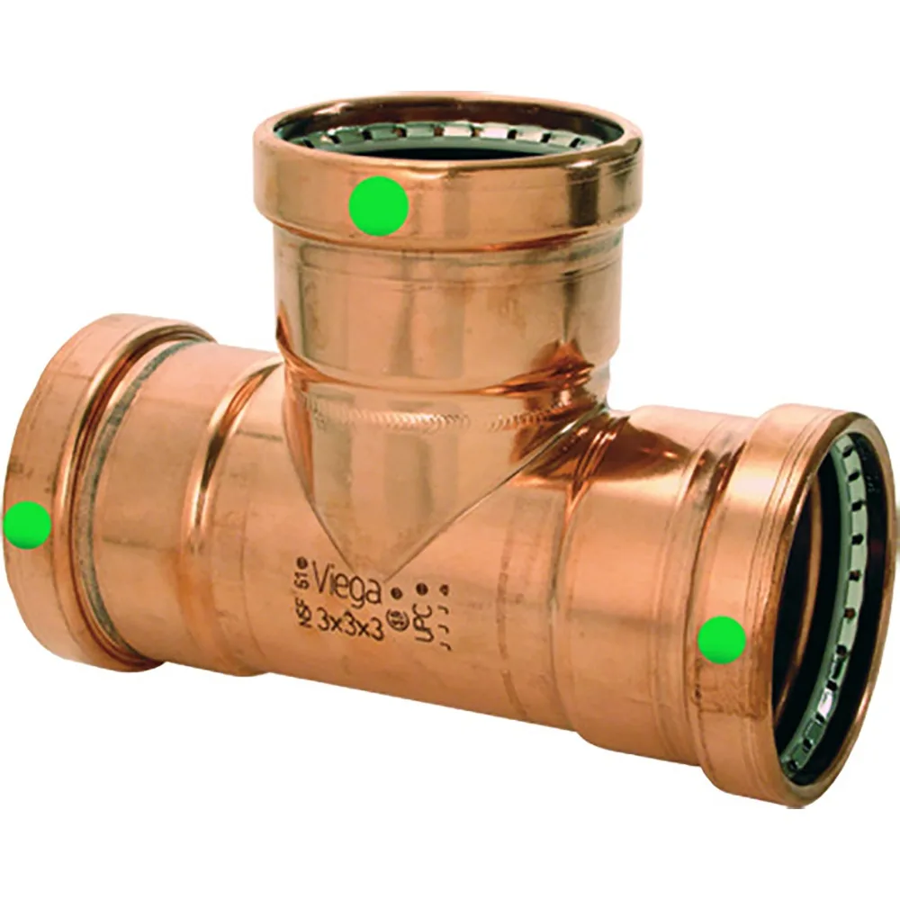 Copper tee fitting with three press-fit ends, matte metallic finish
