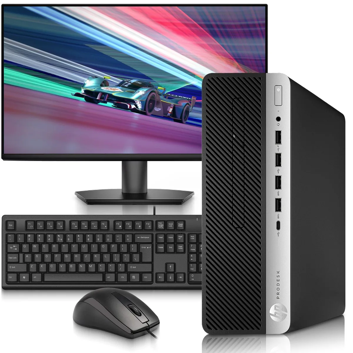 HP HP ProDesk 600 G4 SFF i5-8500 16GB 128GB SSD 500GB HDD 24" monitor — product photo