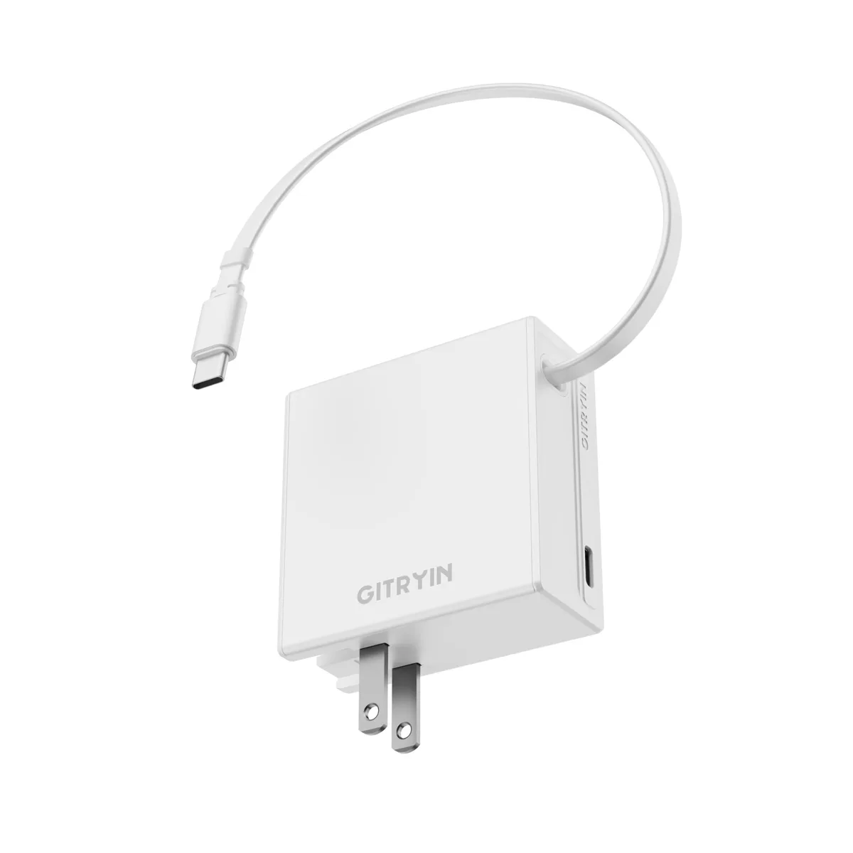 Compact white wall charger with foldable prongs and a retractable USB-C cable extended