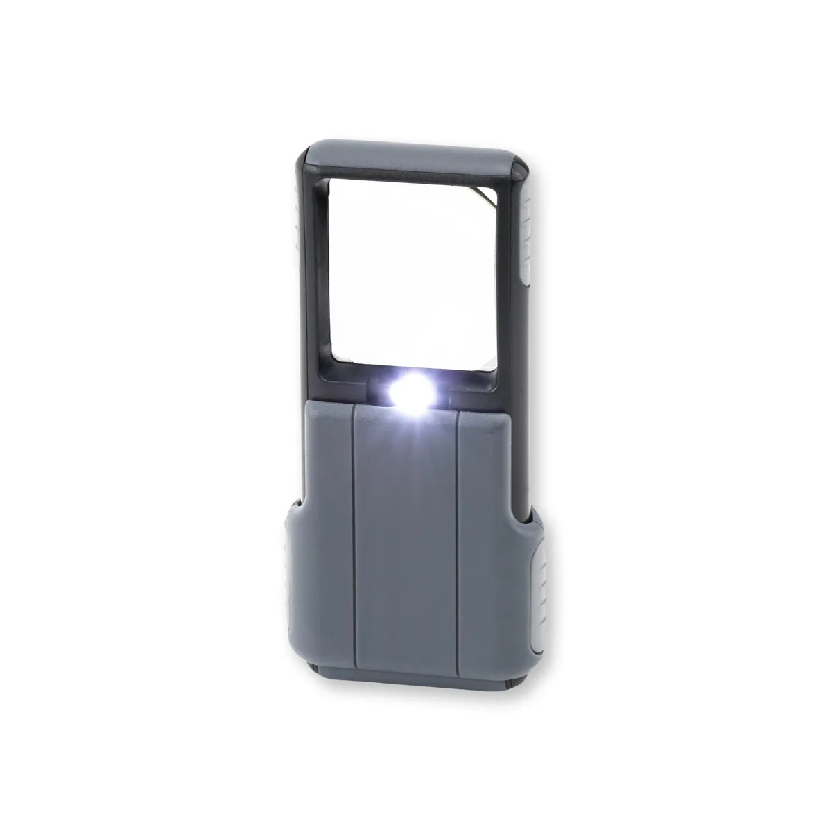 Twelve gray acrylic slide-out magnifiers with LED lights in protective sleeves