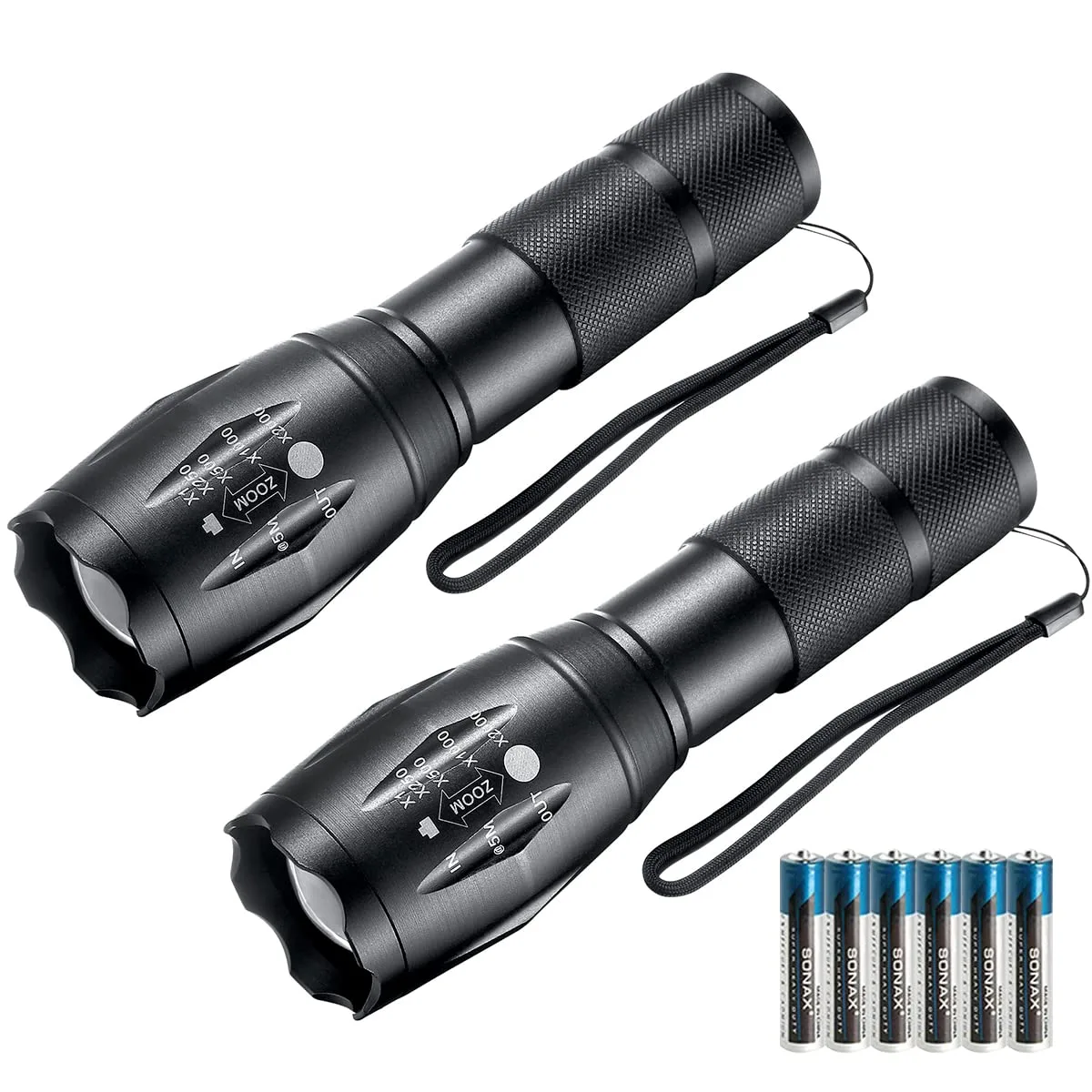 Two black aluminium mini LED flashlights with lanyards and six AAA batteries in a box