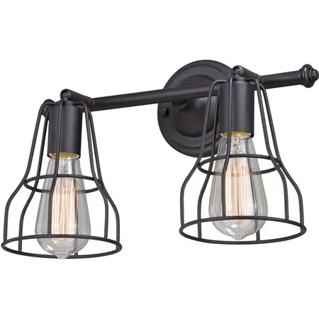 Oil-rubbed bronze wall light with two adjustable wire cage shades