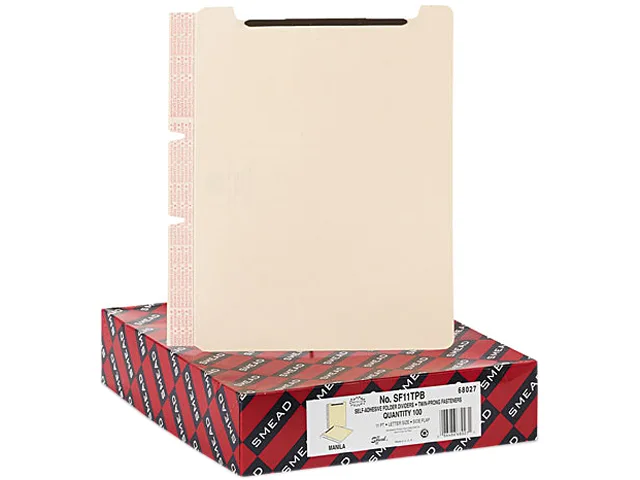 Smead Smead 68027 Manila Self-Adhesive Folder Dividers, Twin-Prong Fasteners, Letter, 100/Box — product photo