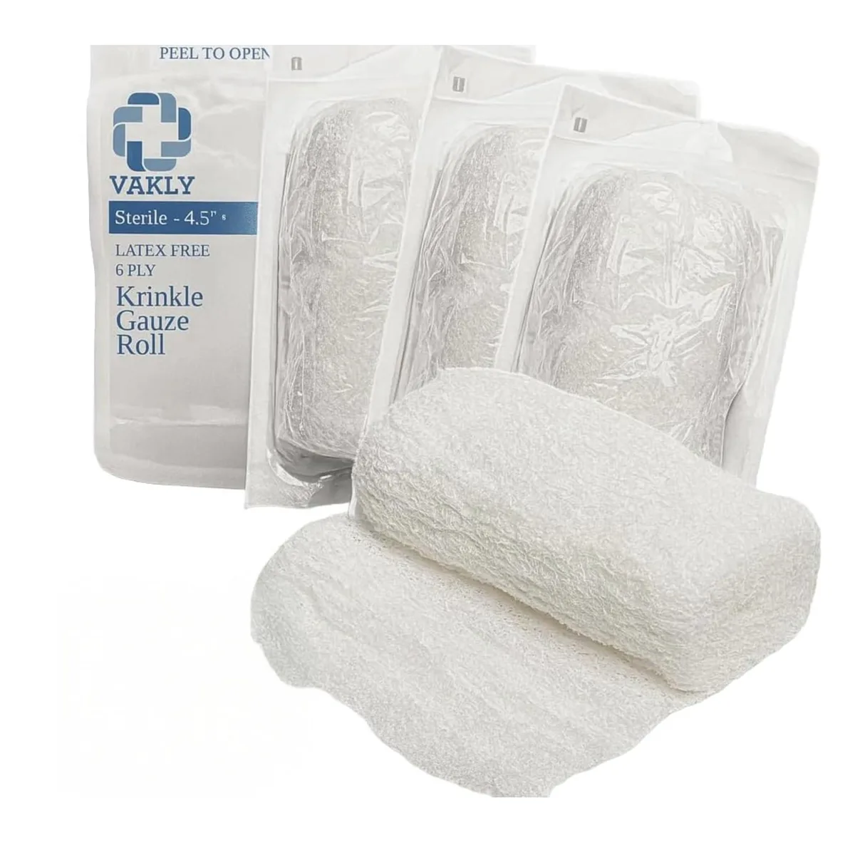 Five sterile white cotton gauze rolls, individually wrapped, crinkle weave