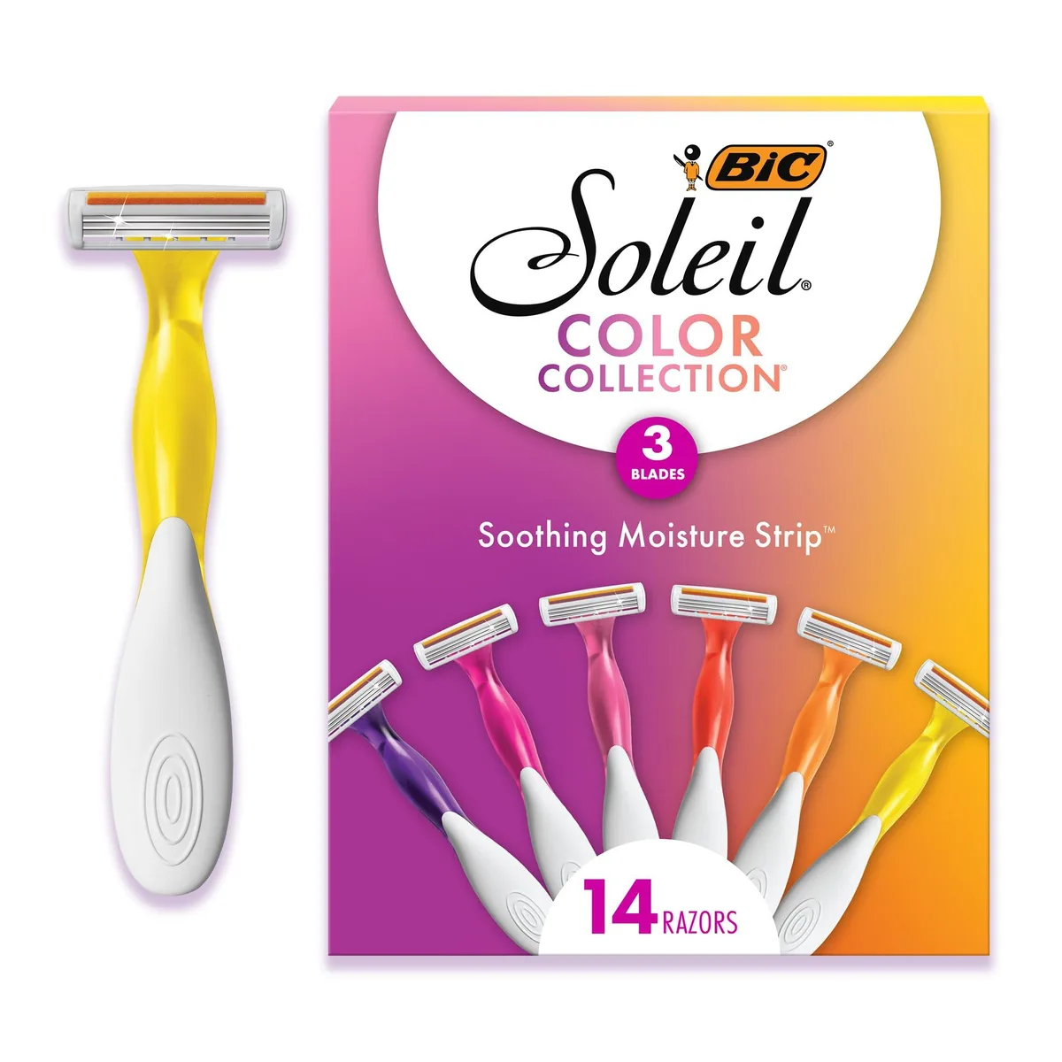 Fourteen disposable women's razors with three blades and assorted colour handles