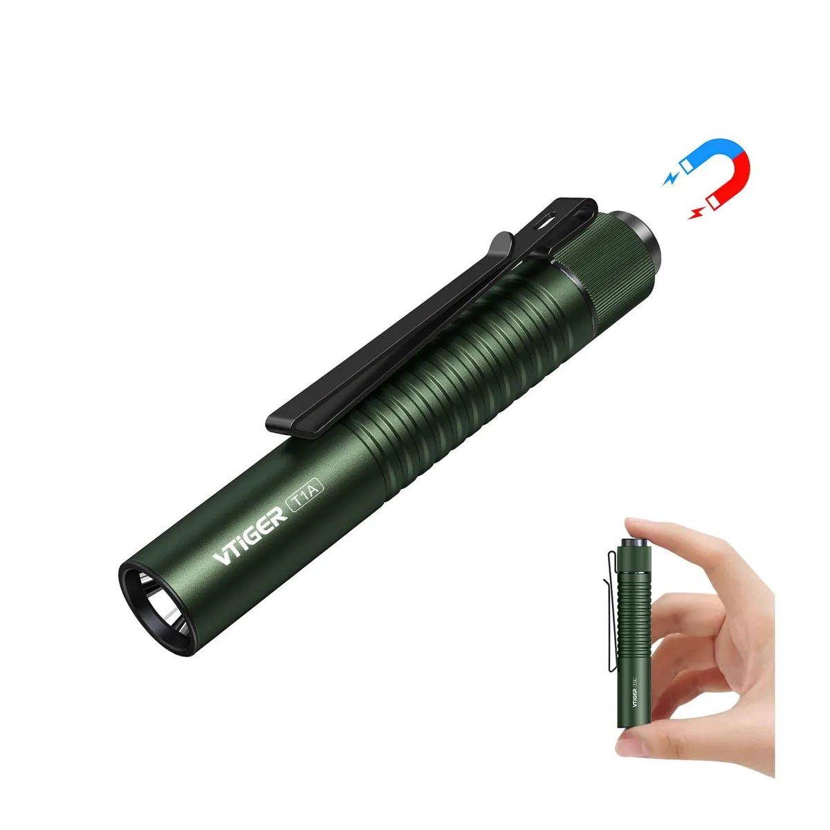 Compact cylindrical aluminium flashlight with pocket clip and magnetic tail cap