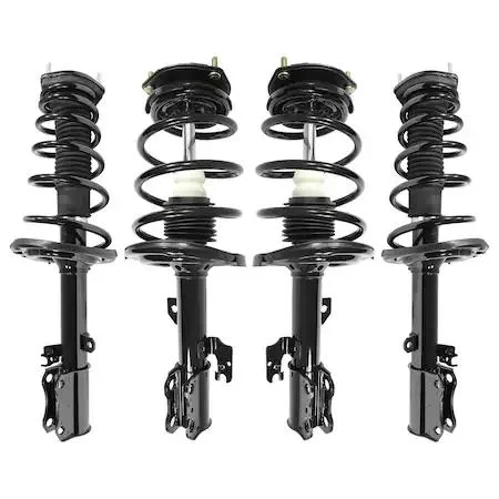 Four complete strut assemblies in a kit, silver metal finish, ready to install