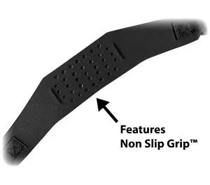 Black camera strap with curved neoprene pad and 3/8 inch connectors
