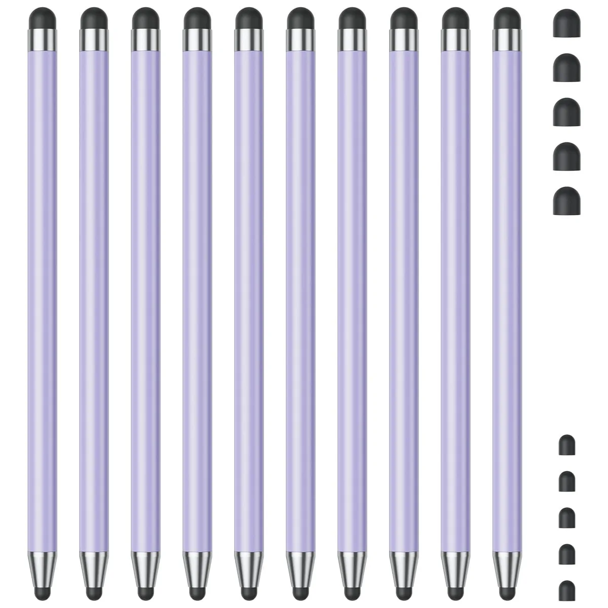 Ten purple stylus pens, 5.3 inches long, aluminum body, dual rubber tips