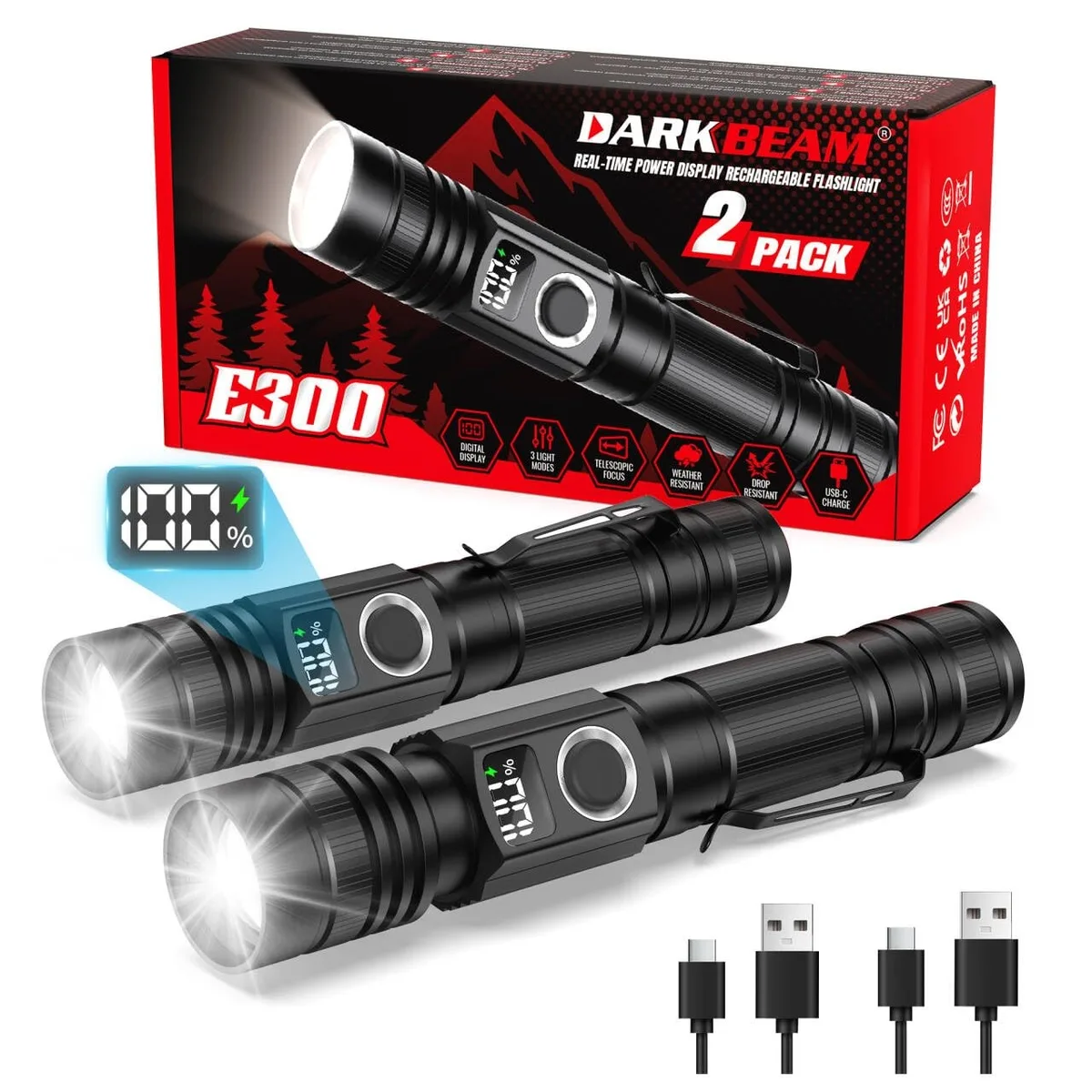 Two compact aluminium flashlights with USB-C ports and digital power displays
