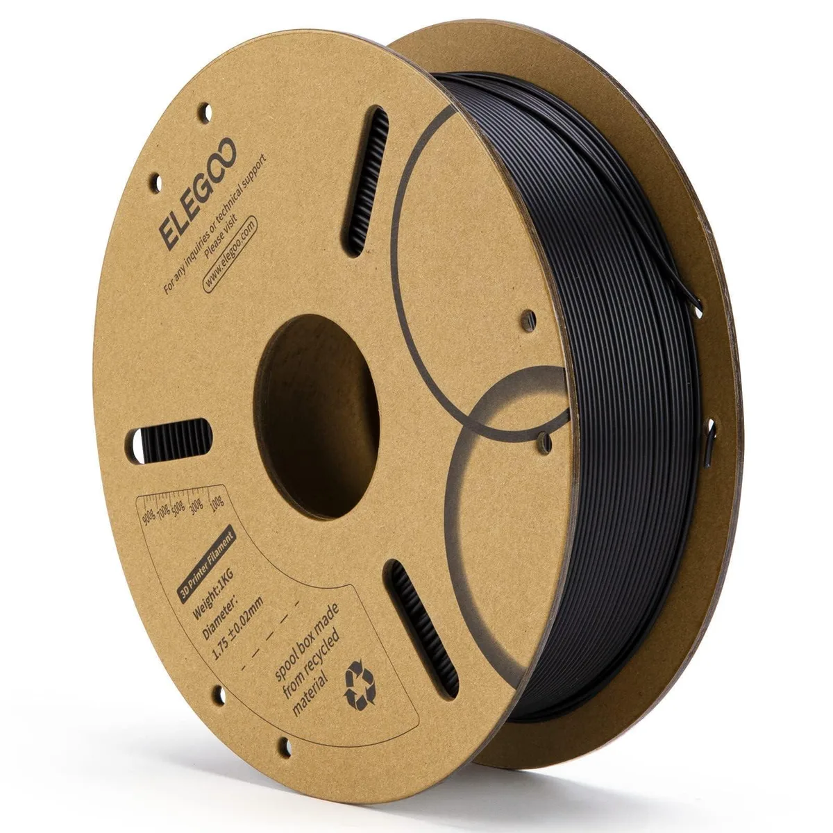 Black PLA filament on a 1 kg cardboard spool, 1.75 mm diameter