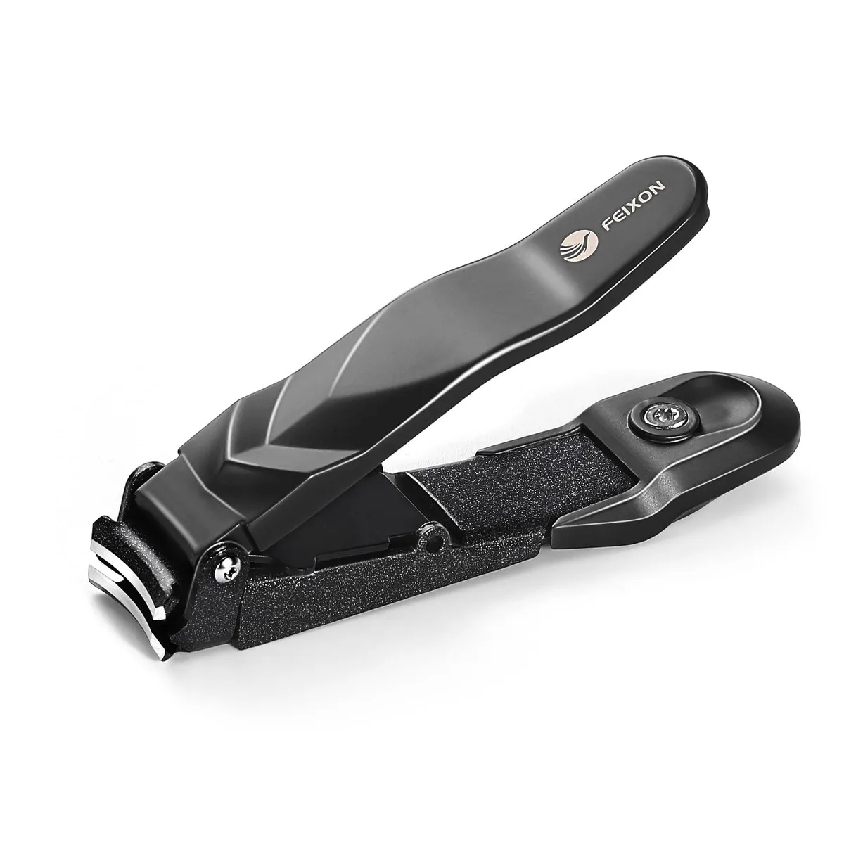 Blue stainless steel nail clipper with integrated catcher, curved blade, matte finish