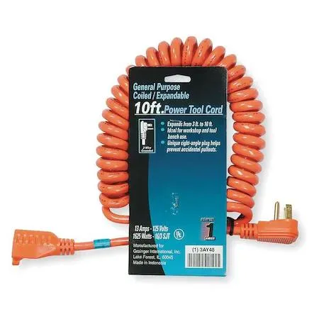 Orange coiled PVC extension cord with right-angle plug and single outlet, 10 ft extended length