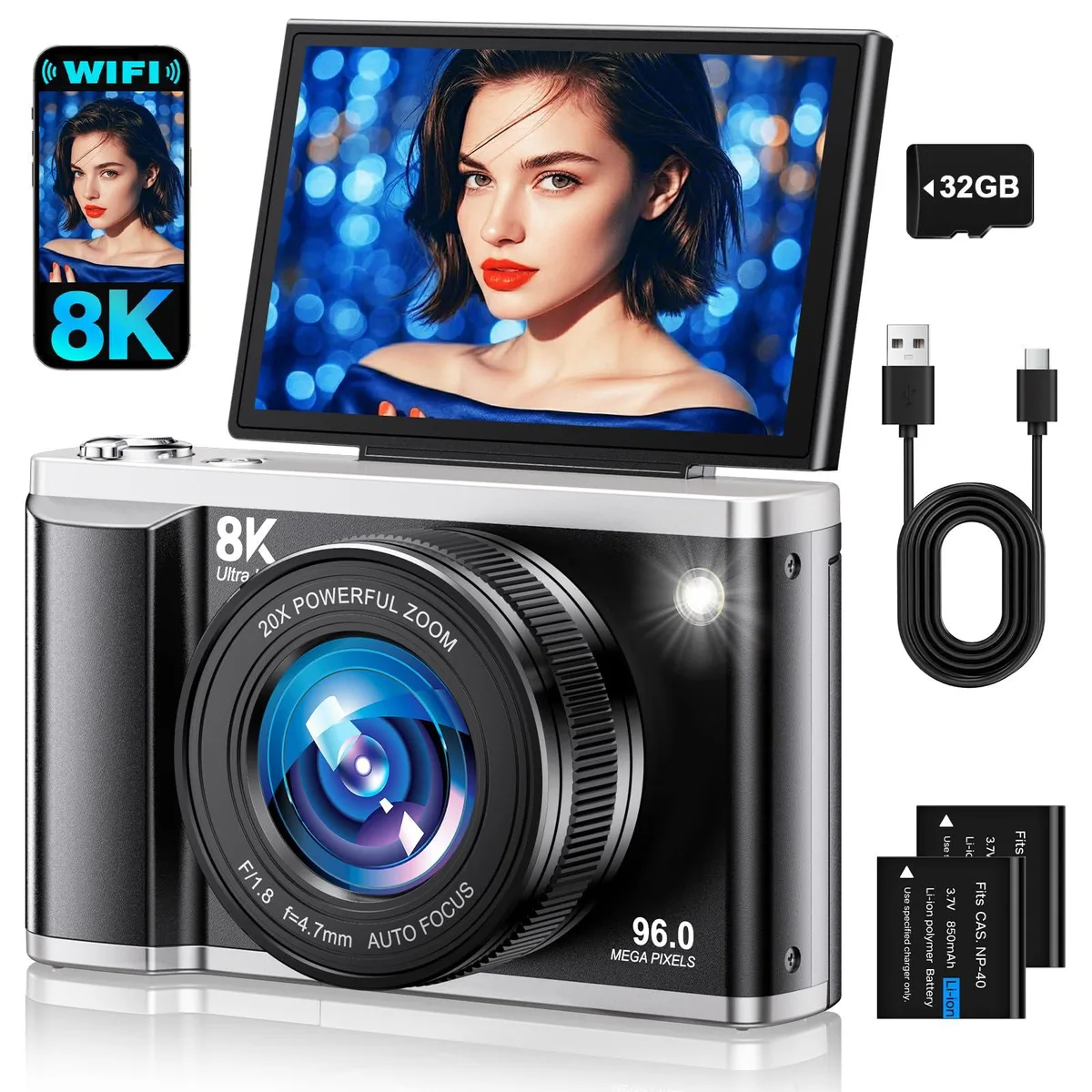 AUREAPIX DC105 96MP 8K Point & Shoot Camera 3.5" 180° Flip 20X Zoom Black — product photo