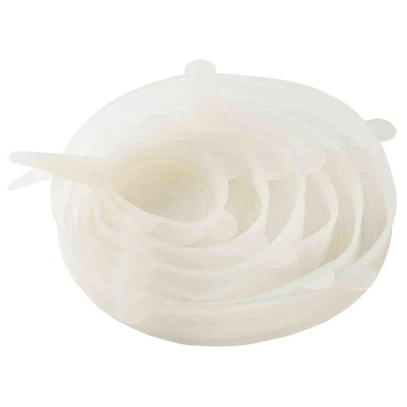 Six clear silicone stretch lids in assorted sizes from 2.5 to 10 inches