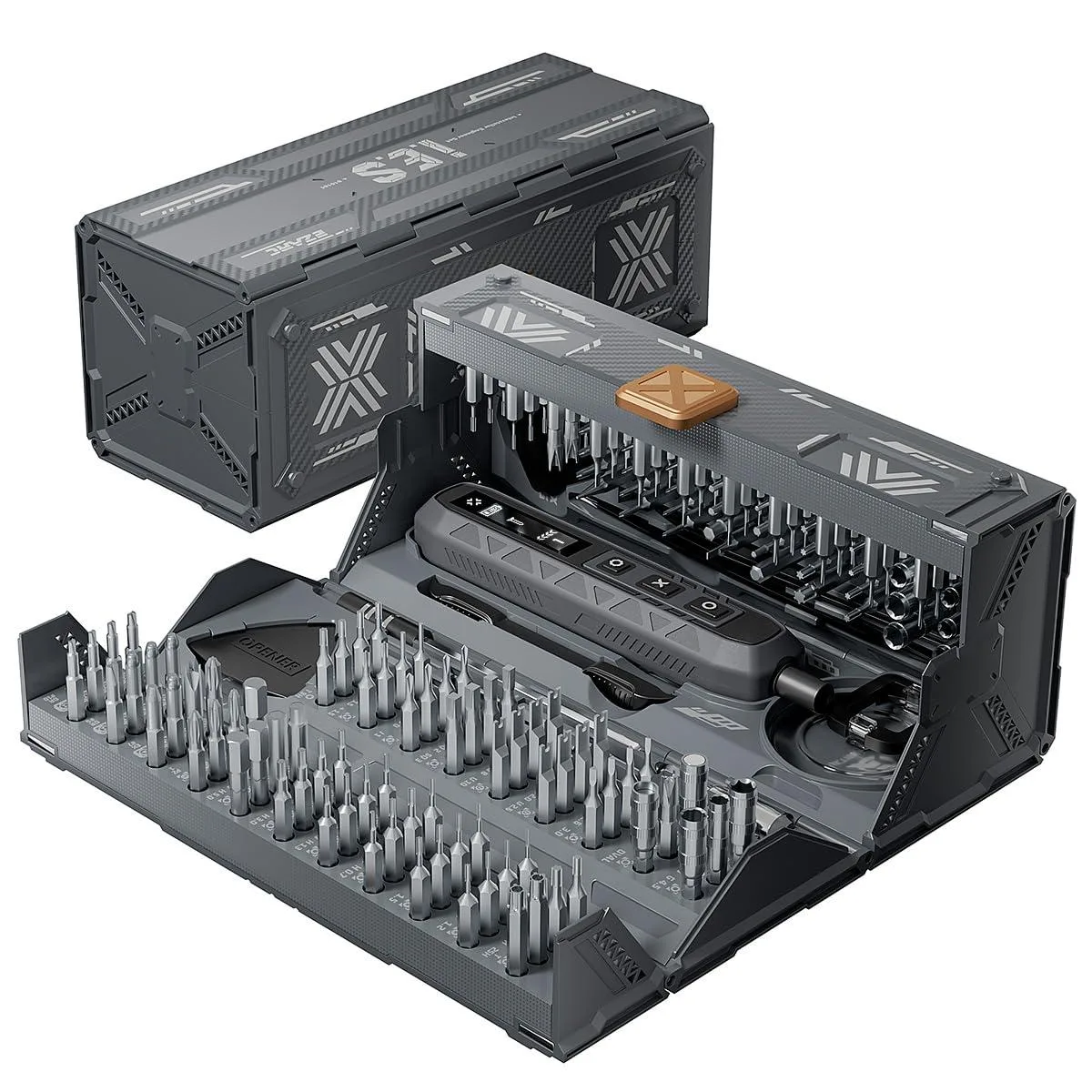 Black cordless electric screwdriver with flip‑cover case holding 160 magnetic bits and 8 repair tools