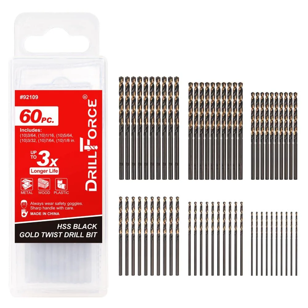 A plastic case holding sixty black and gold coated micro drill bits in six sizes ten pieces each
