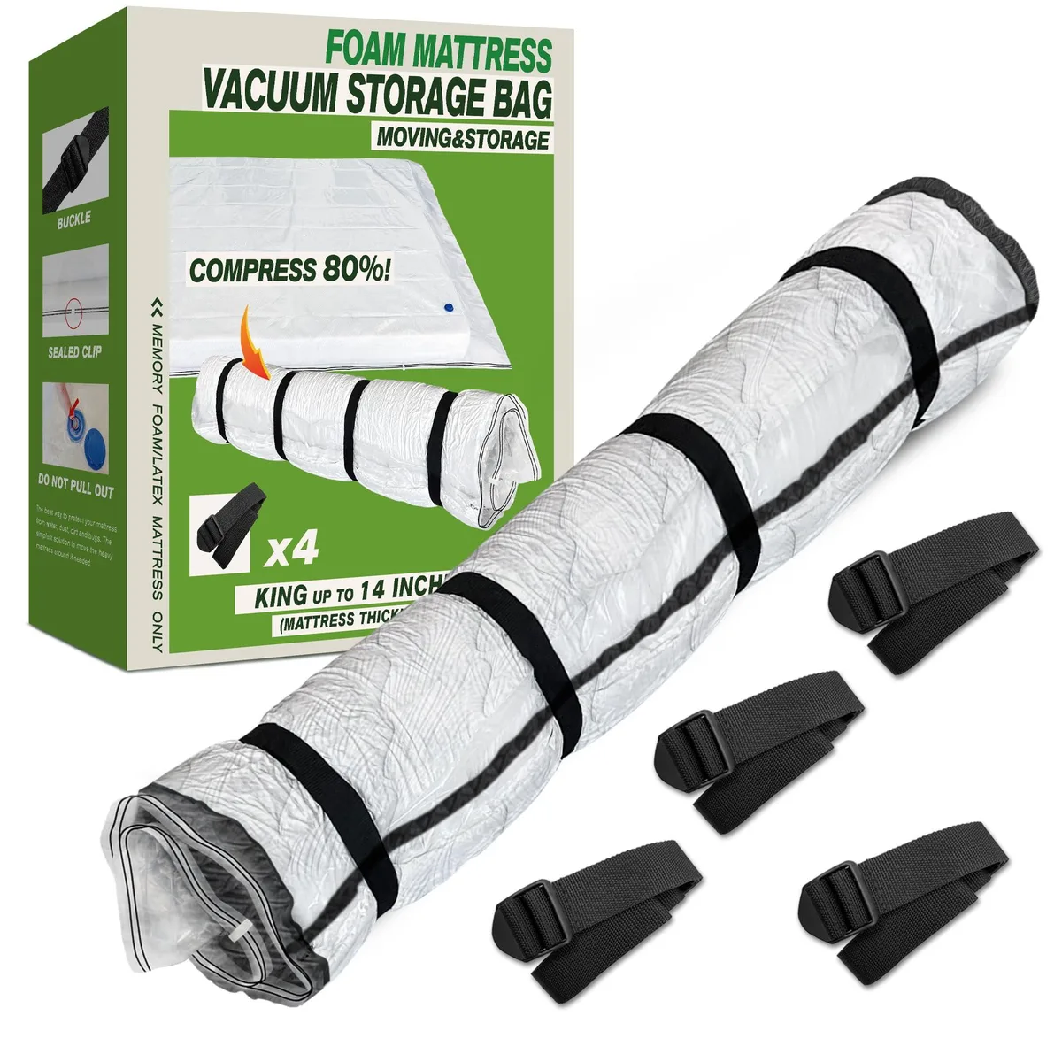 White rectangular vacuum storage bag with zipper and valve, sized for king mattress up to 14 inch thick