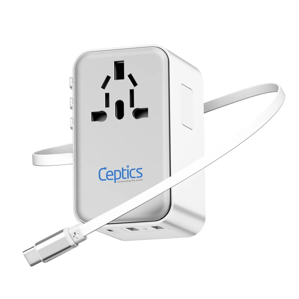 Ceptics Ceptics 5 in 1 Travel Adapter PD 45W Retractable USB-C 65cm 2x USB-A 2.4A 1x USB-C 3A White — product photo