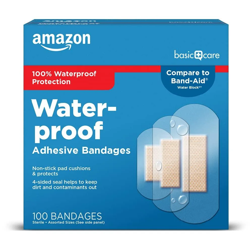 Box of 100 clear waterproof adhesive bandages assorted sizes