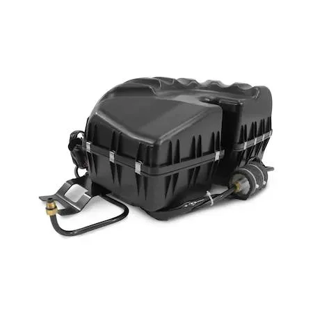 Silver metal air suspension compressor with mounting brackets and electrical connector housing