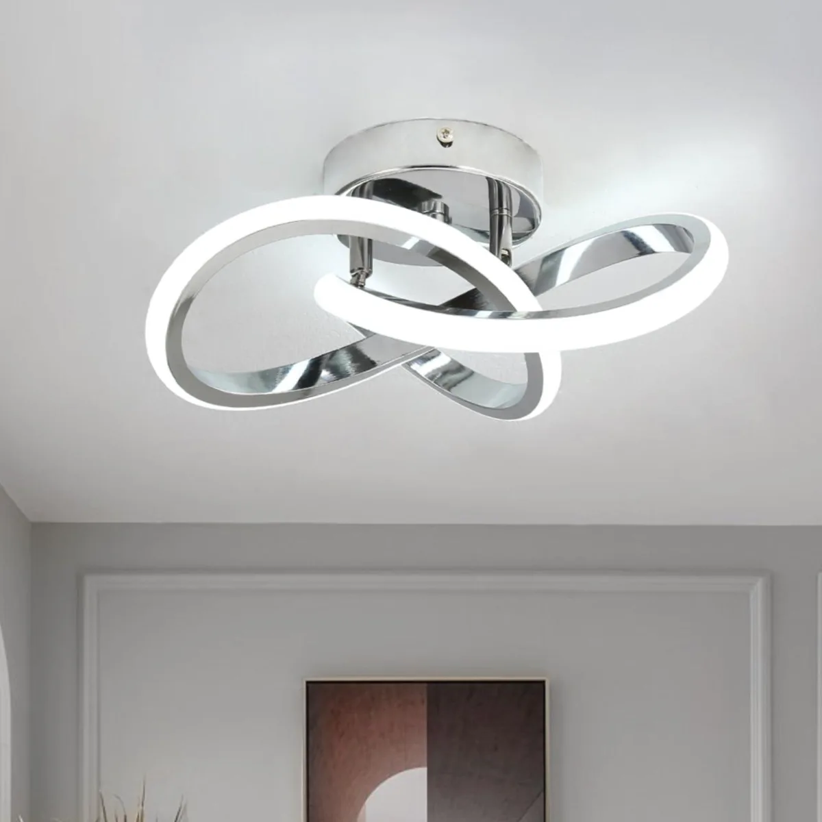 White acrylic semi-flush ceiling light with curved creative design, 24 cm diameter