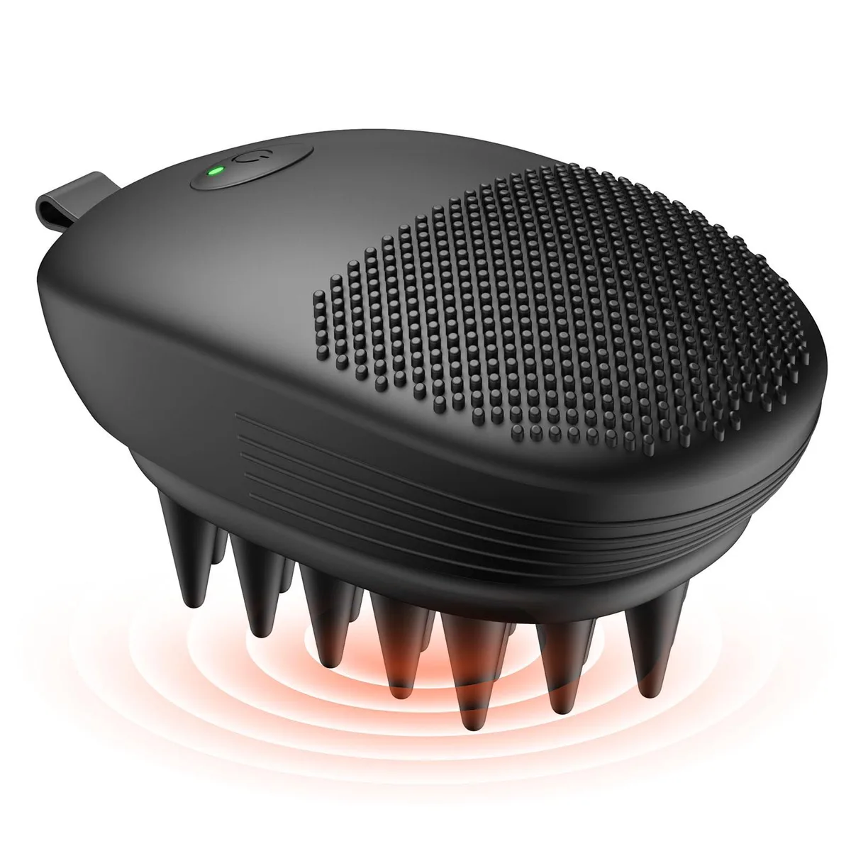 Blue handheld electric scalp massager with soft silicone bristles and ergonomic grip