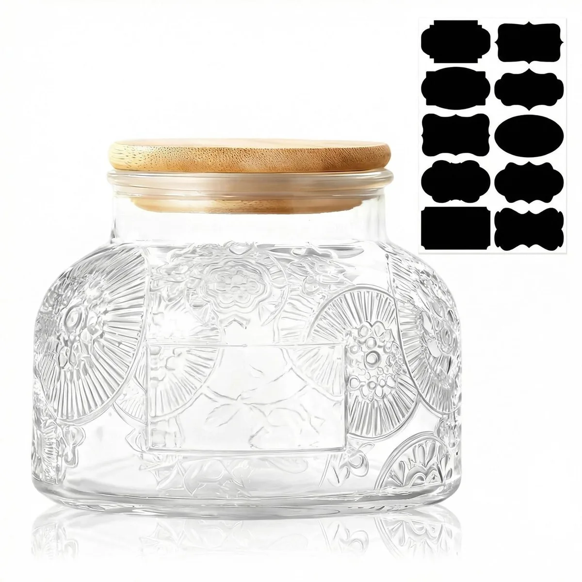 Clear square glass jar with embossed floral pattern and natural bamboo lid, 5.12 inches wide and 3.94 inches tall