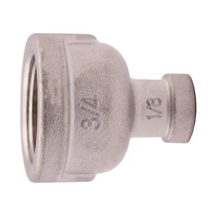 Stainless steel reducing coupling, 2 inch by 1-1/2 inch FNPT, brushed metal finish