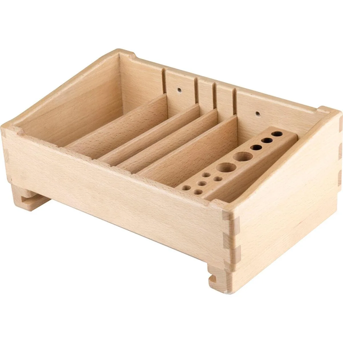 Wooden camera assistant front box with removable dividers, natural beech finish