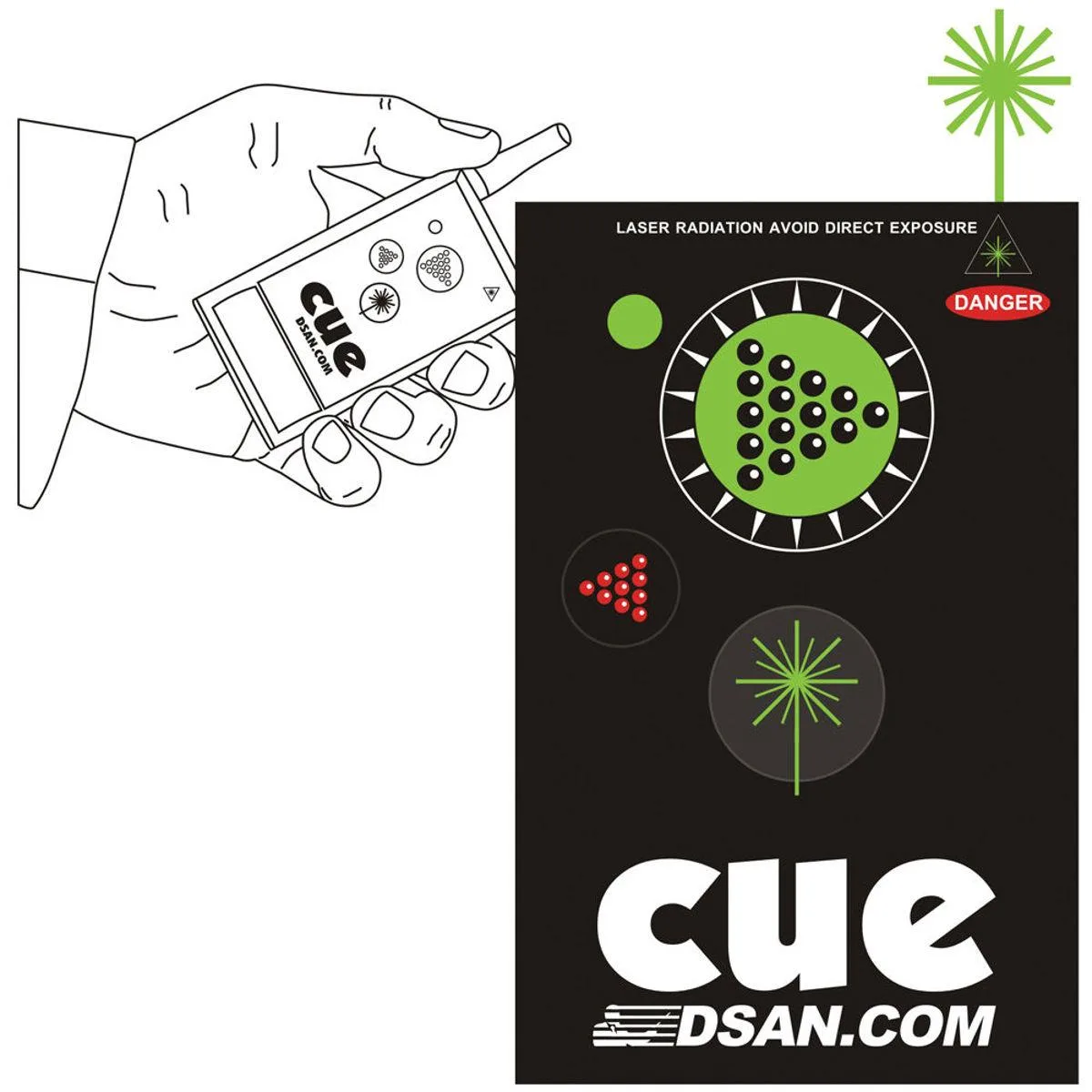 Small black handheld remote with three buttons and green laser aperture