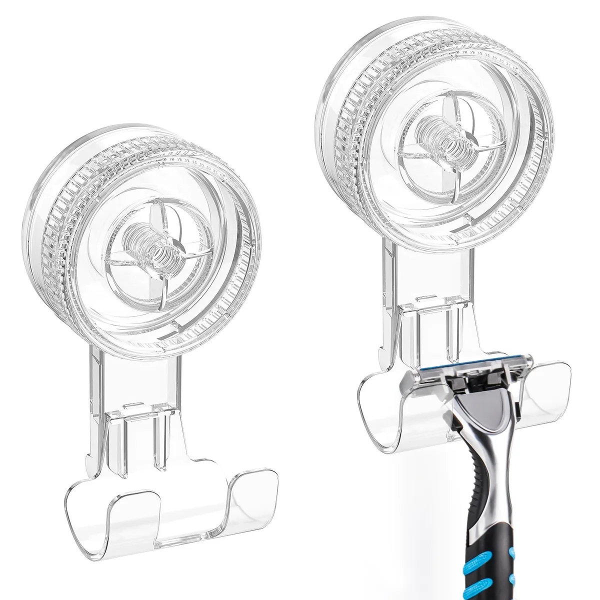 Two transparent suction hooks with rotating locking knobs