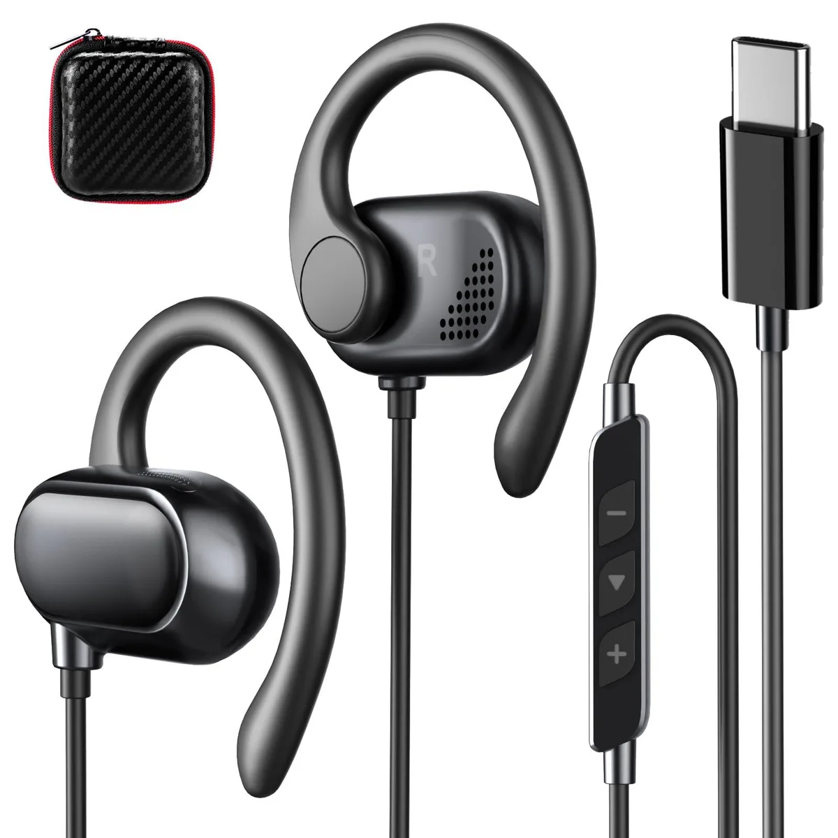 Black and purple open-ear USB-C earbuds with adjustable ear hooks and in-line controls