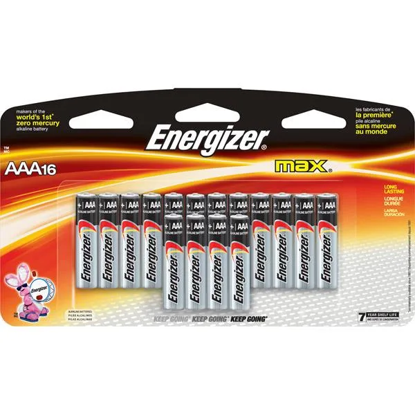 Cardboard blister pack holding sixteen silver AAA alkaline batteries with black and copper ends