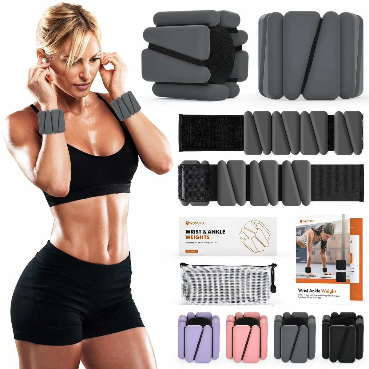 Pair of grey silicone wrist weights with hook-and-loop straps, 1 lb each