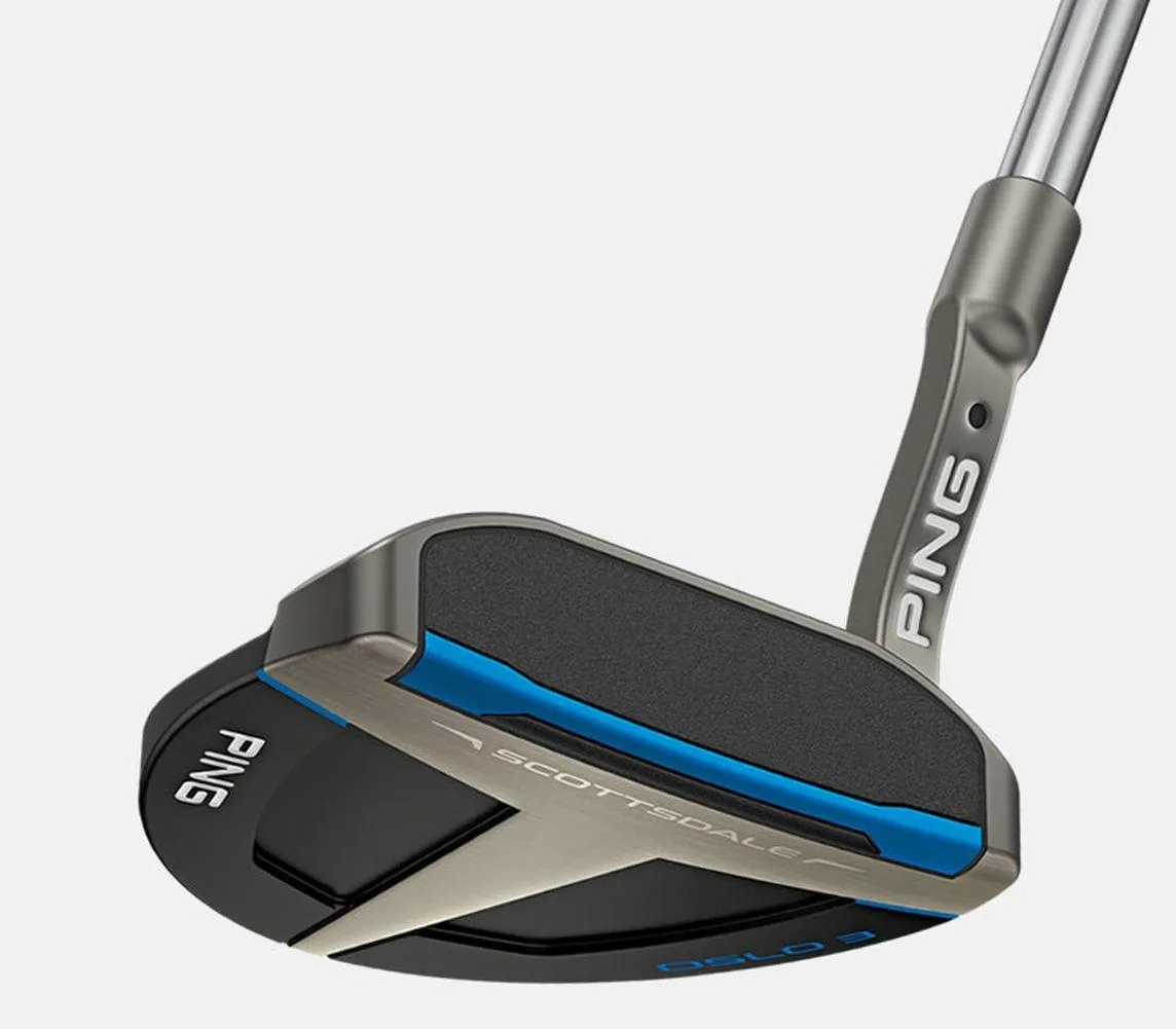 Right-handed Scottsdale Oslo 3 putter, 34-inch steel shaft, blue SuperStroke Tour 2.0 grip, matching headcover