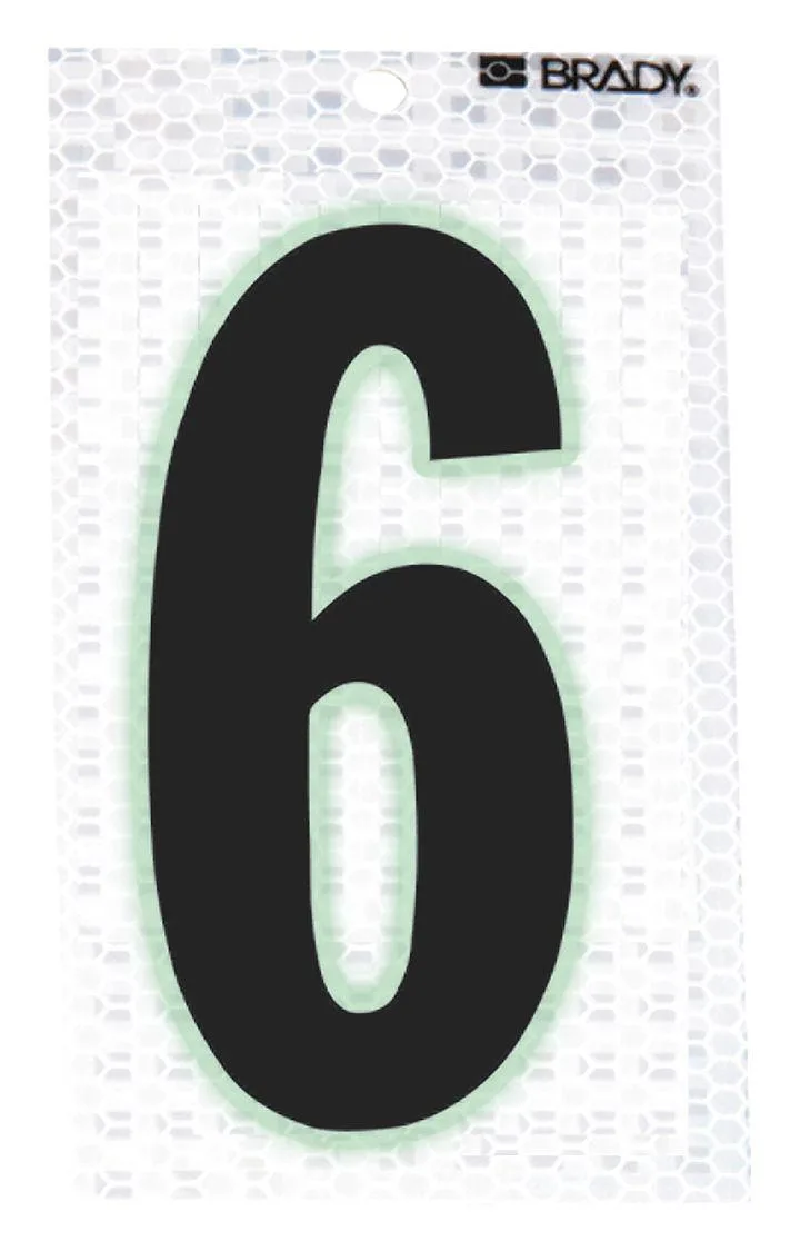 Sheet of ten die-cut vinyl number 6 labels, silver retroreflective with black characters and green glow border