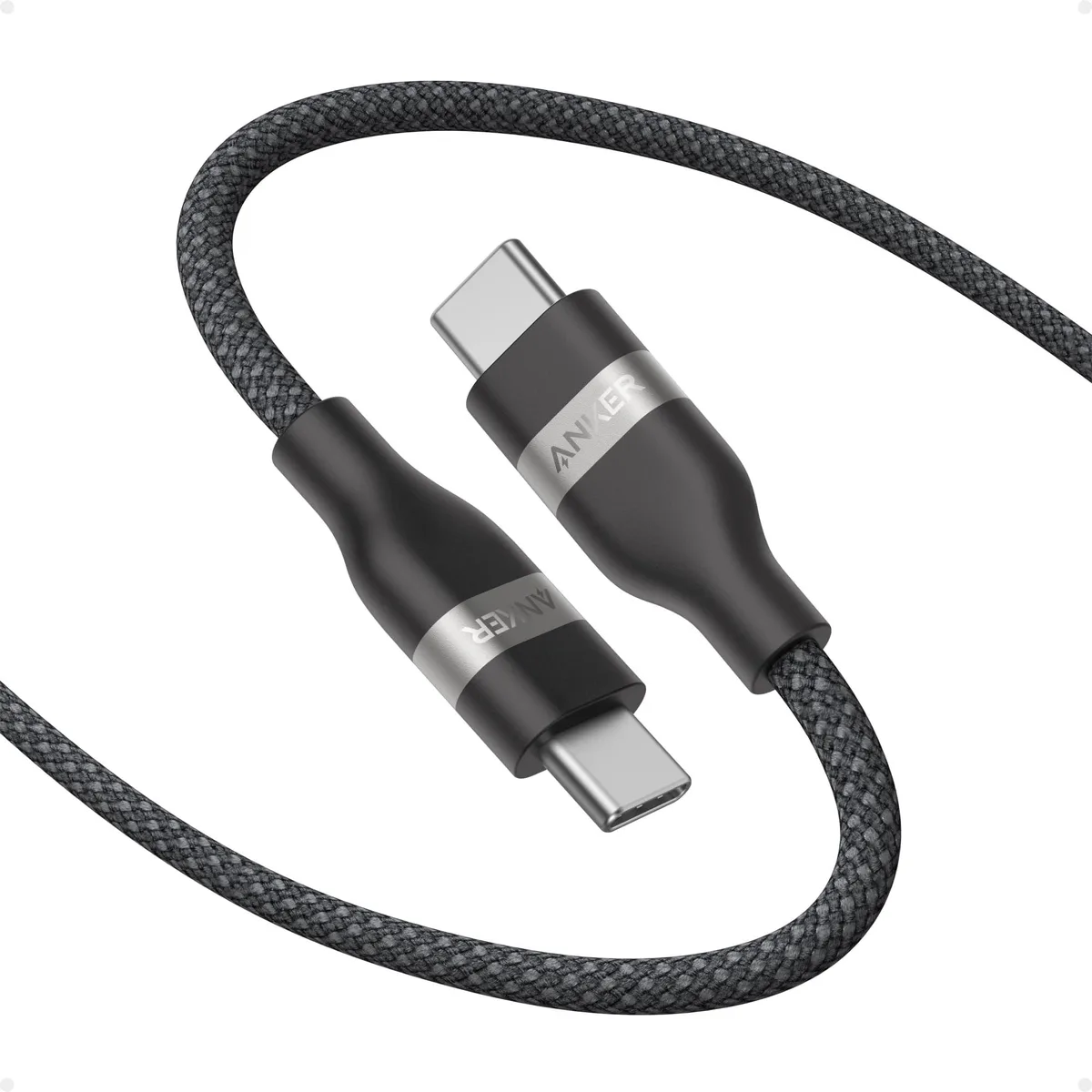 Black braided USB-C cable with connectors at both ends, three feet long