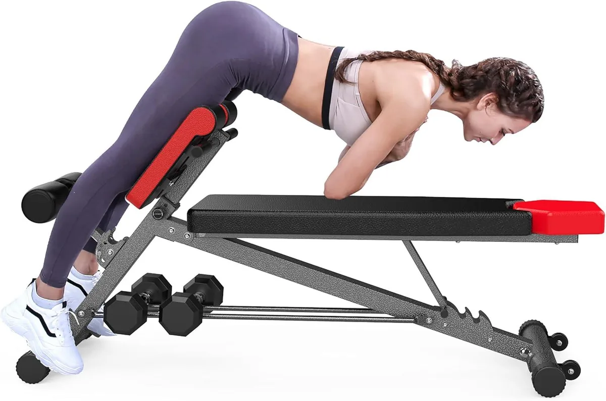 Adjustable weight bench with thick padded cushions and triangular steel frame