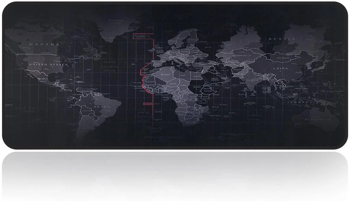 Extra-large black mouse pad with world map print and stitched edges