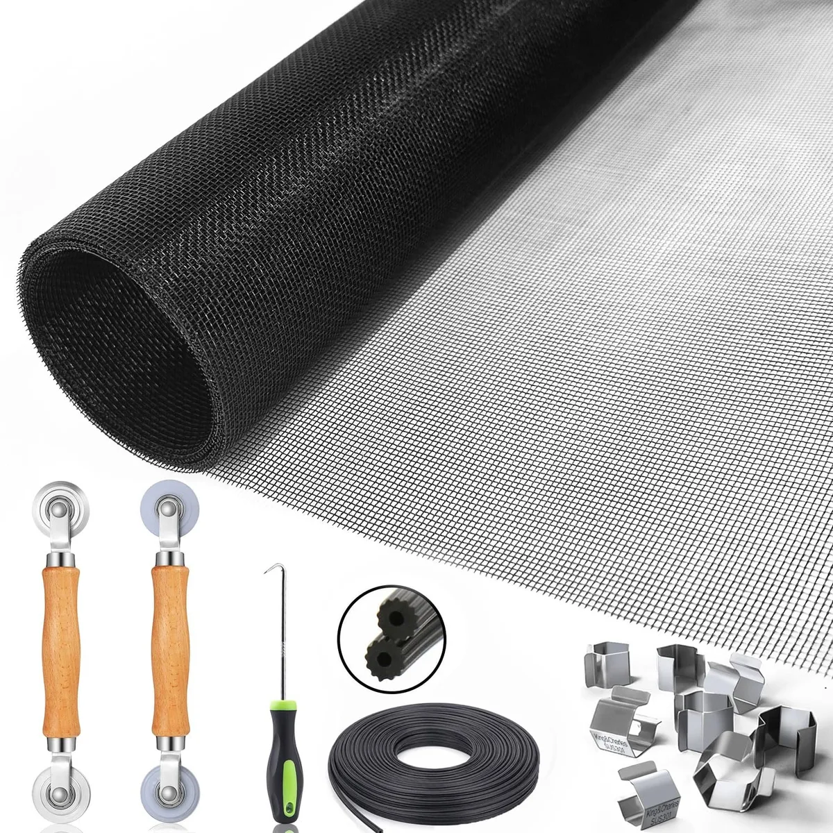 Black fiberglass window screen mesh roll with steel and nylon bearing rollers spline clips and hook tool kit