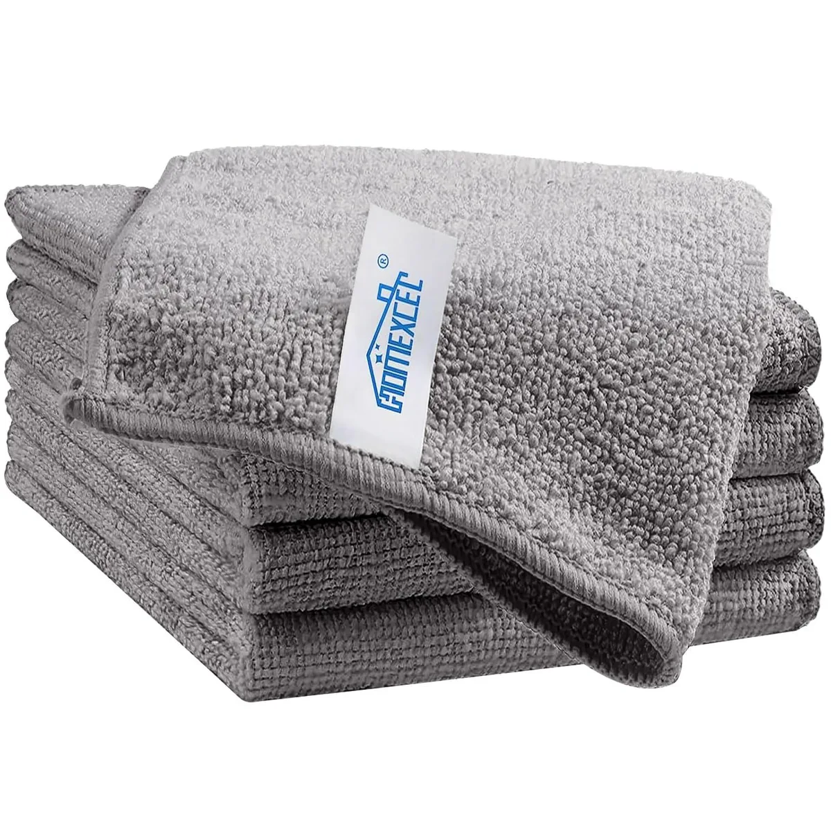 Five square grey microfiber cloths stacked, each 11.5 inches with stitched edges