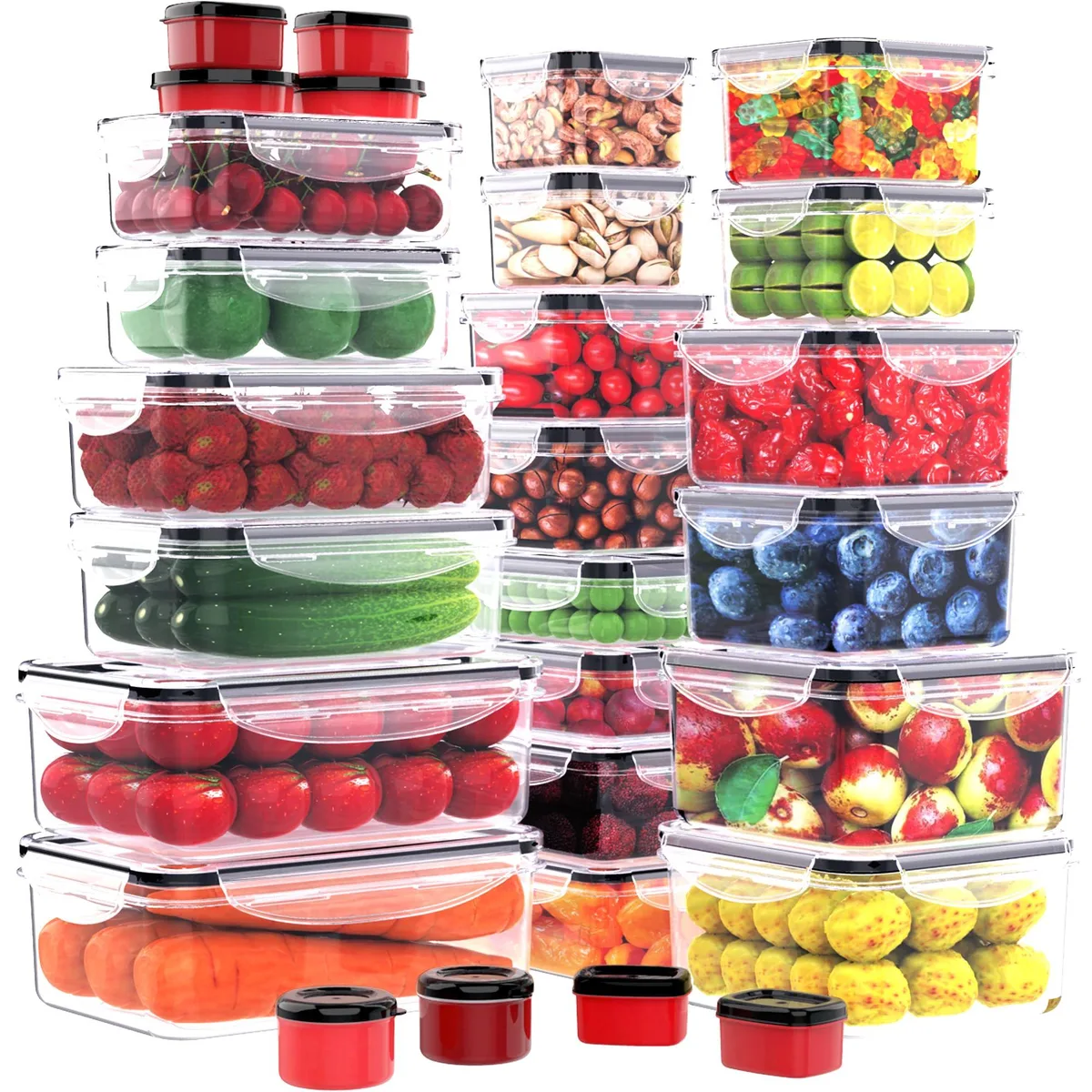 Red 56-piece food storage set with 28 stackable boxes and matching lids