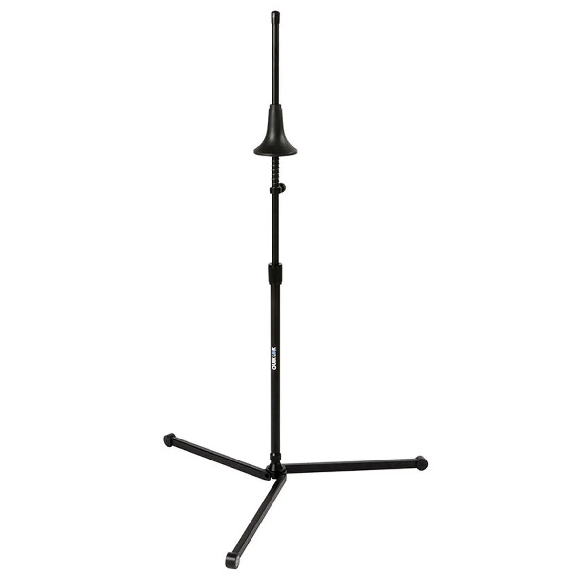 Black metal trombone stand with tripod base, adjustable bell cup, folded flat