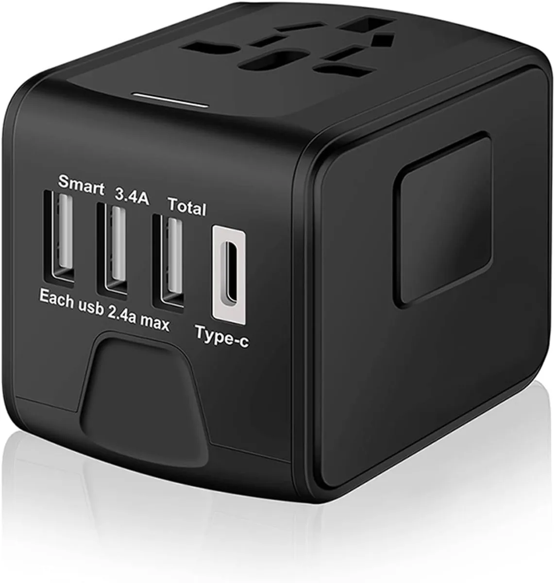 Black rectangular travel adapter with sliding plug pins and four USB ports