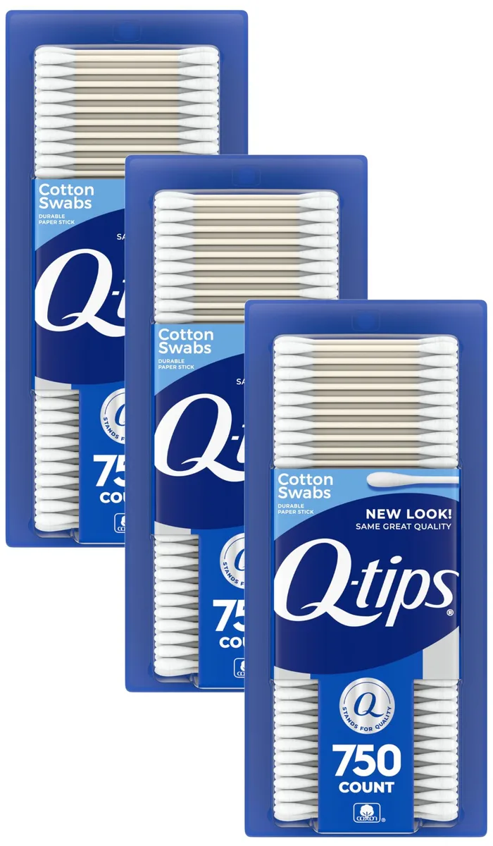 Three white cardboard boxes of Q-tips cotton swabs 2250 count